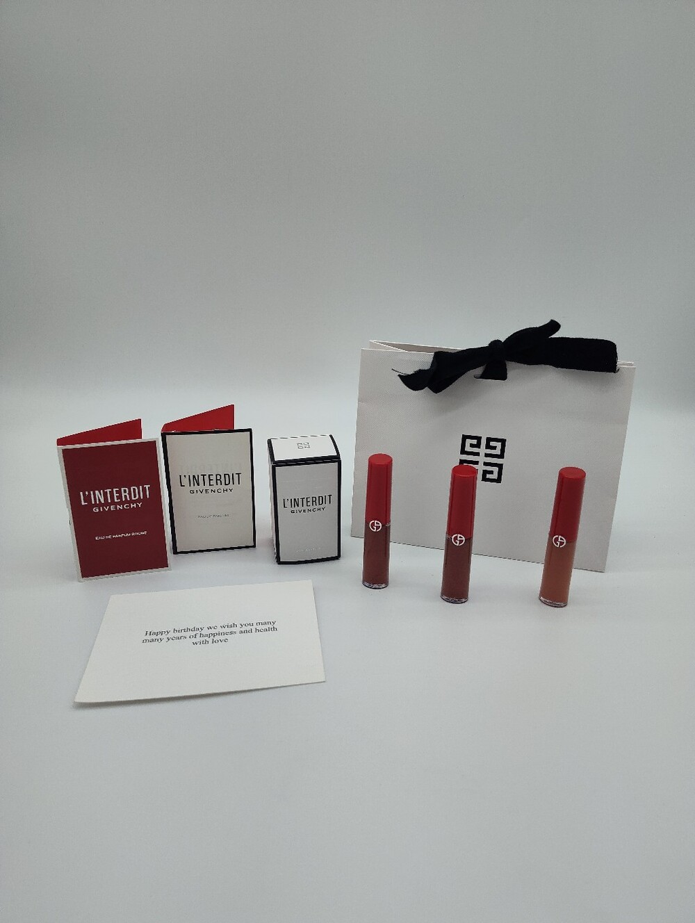 GIVENCHY LβInterdit Birthday Gift Set + Armani Lip Trio Gift Bag Card NIP